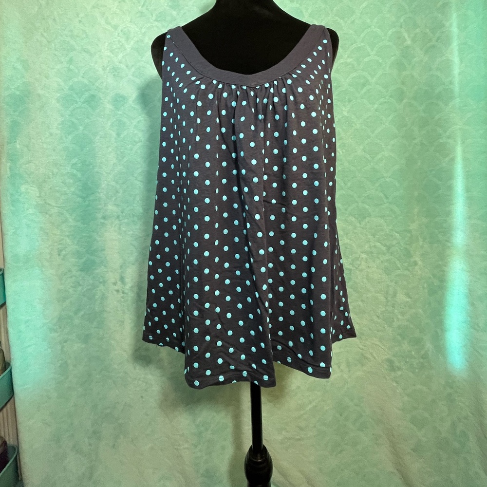 New York & Company Navy Turquoise Polka Dot Tank Top Gathered Scoop Neck M/L